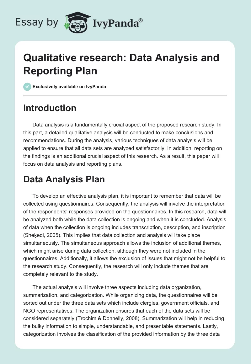 Qualitative research: Data Analysis and Reporting Plan. Page 1