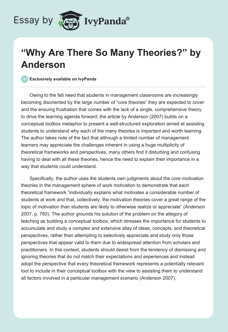“Why Are There So Many Theories?” by Anderson. Page 1