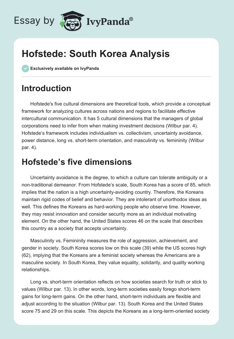 Hofstede: South Korea Analysis. Page 1