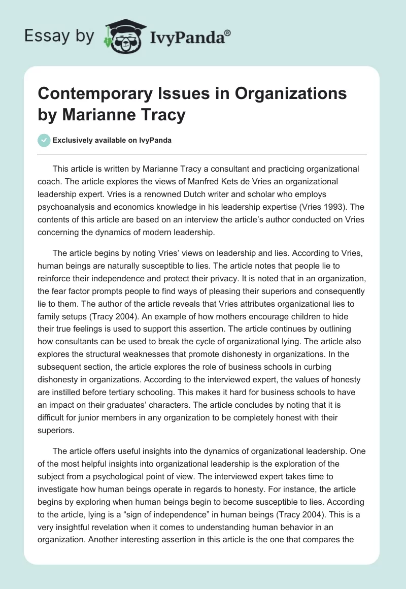 "Contemporary Issues in Organizations" by Marianne Tracy. Page 1