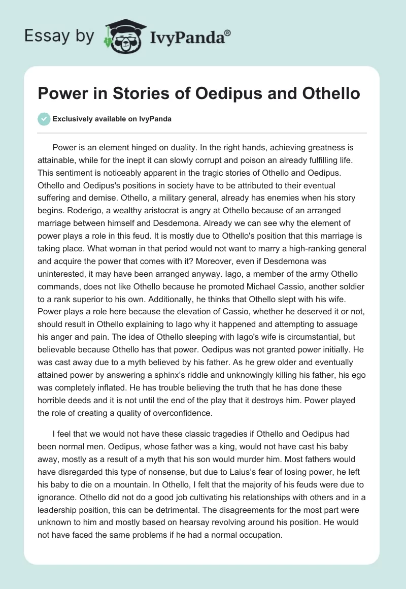 Power in Stories of Oedipus and Othello. Page 1