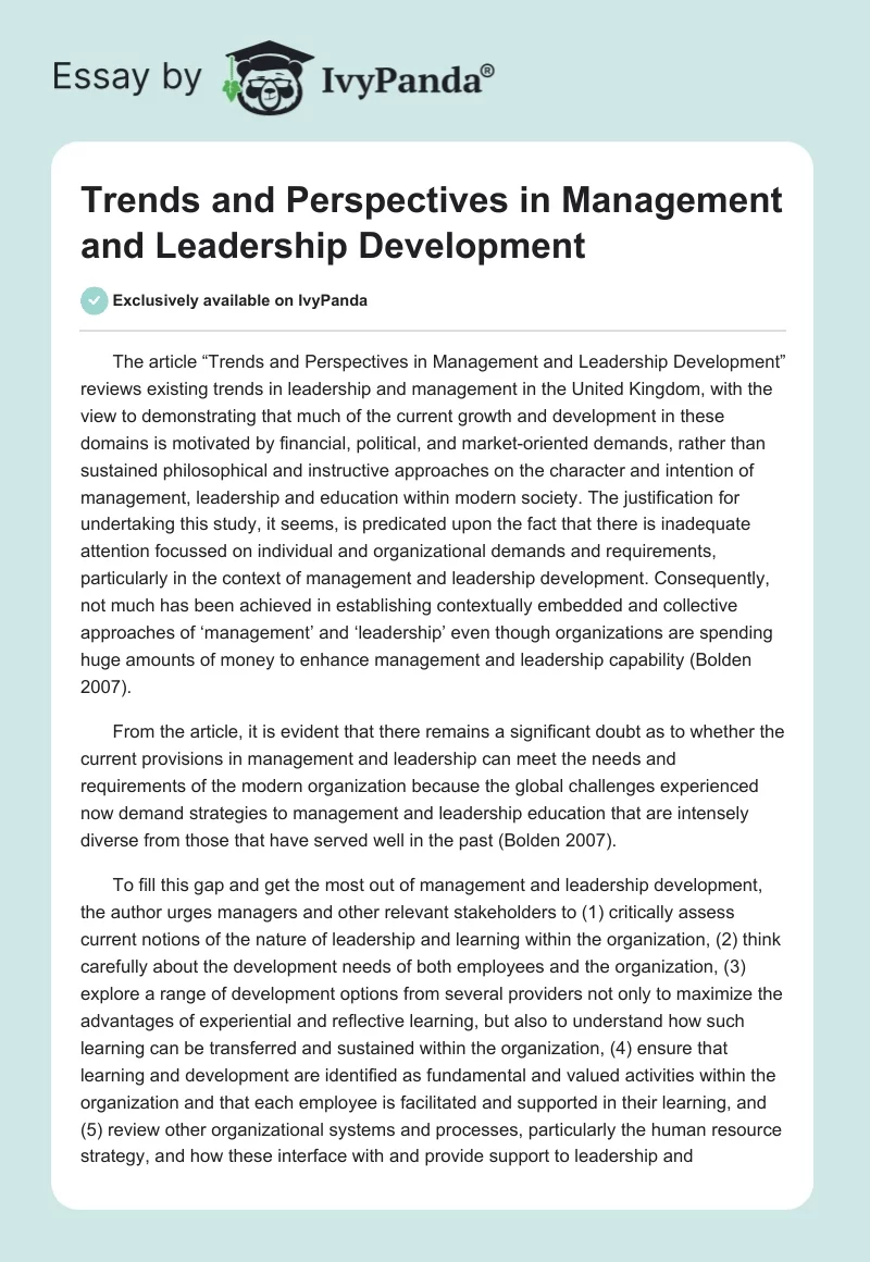 Trends and Perspectives in Management and Leadership Development. Page 1