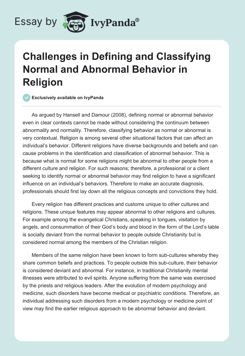 Challenges in Defining and Classifying Normal and Abnormal Behavior in Religion. Page 1