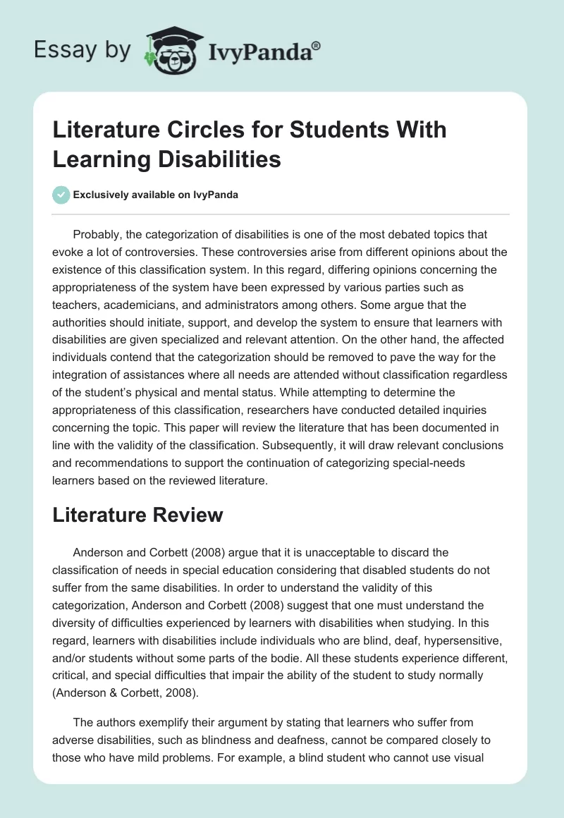 Literature Circles for Students With Learning Disabilities. Page 1