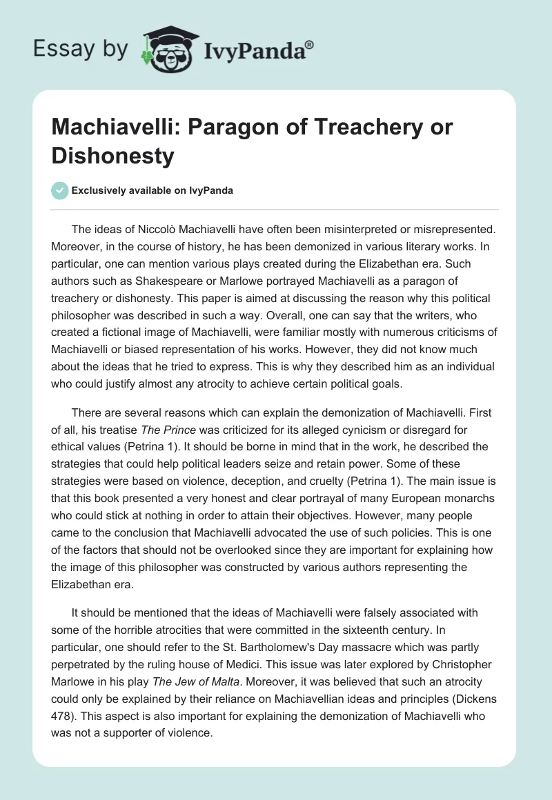 Machiavelli: Paragon of Treachery or Dishonesty. Page 1