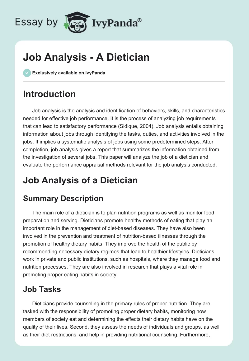 Job Analysis - A Dietician. Page 1