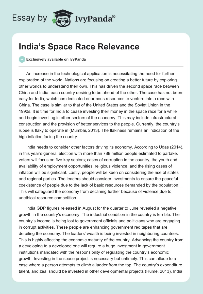 India’s Space Race Relevance. Page 1