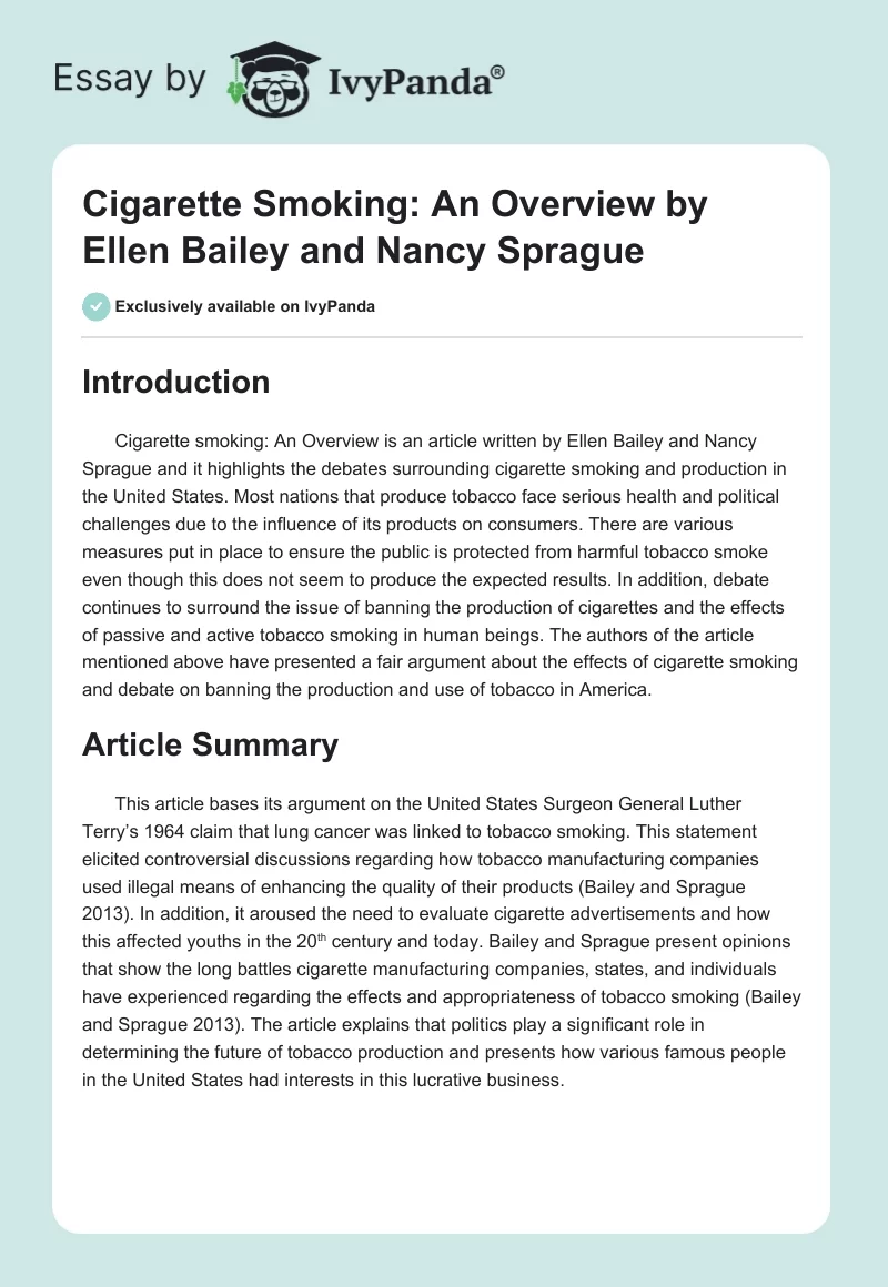 "Cigarette Smoking: An Overview" by Ellen Bailey and Nancy Sprague. Page 1