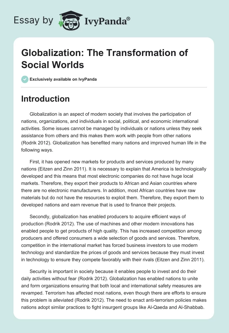 Globalization: The Transformation of Social Worlds. Page 1