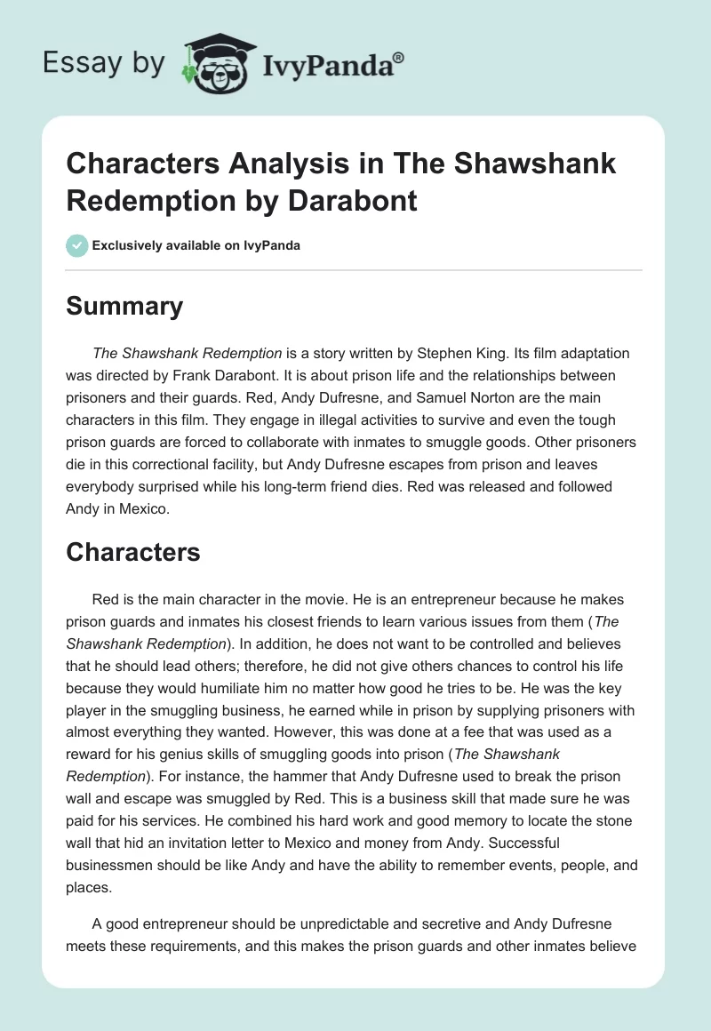 Characters Analysis in "The Shawshank Redemption" by Darabont. Page 1