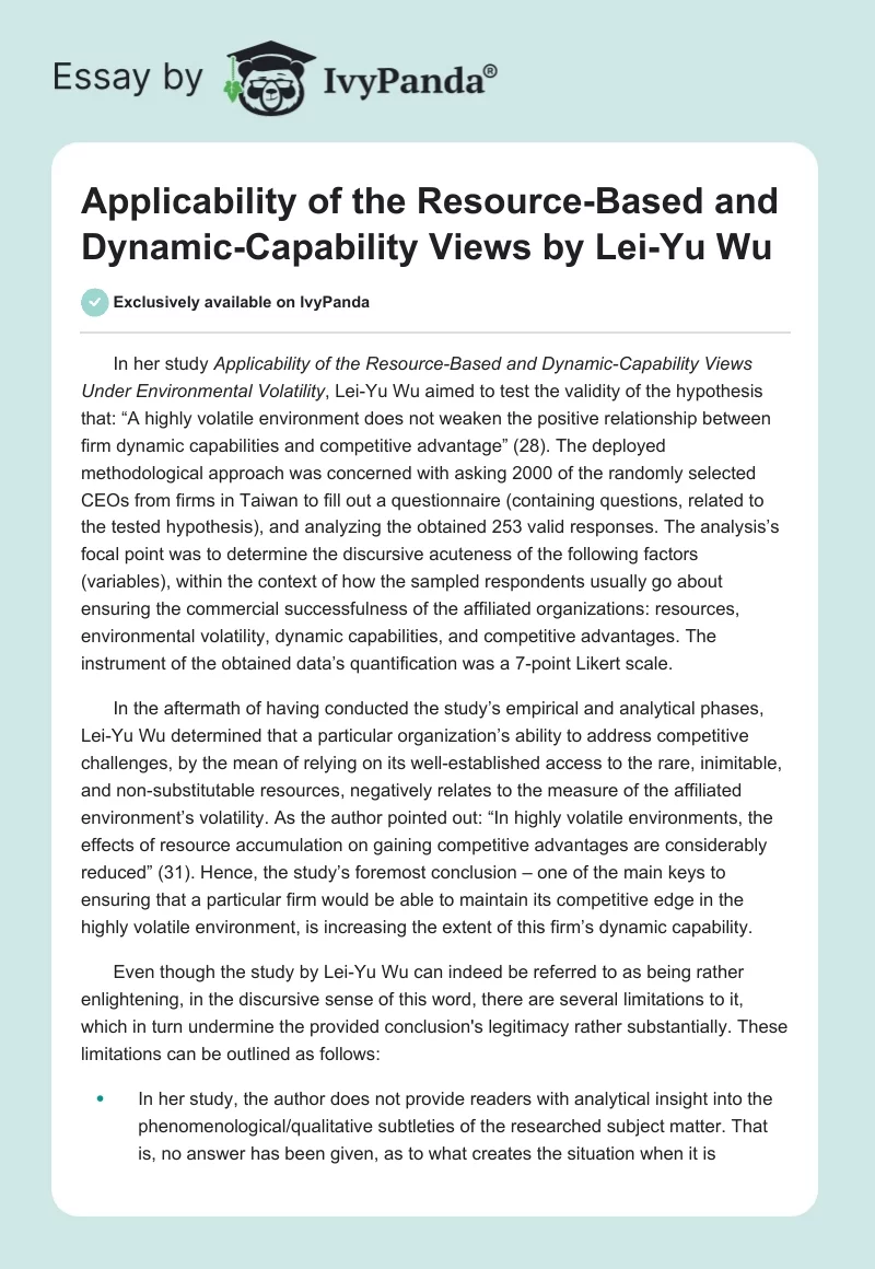 "Applicability of the Resource-Based and Dynamic-Capability Views" by Lei-Yu Wu. Page 1