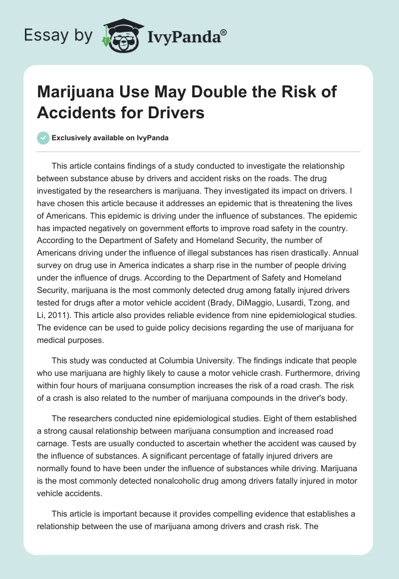 Marijuana Use May Double the Risk of Accidents for Drivers. Page 1