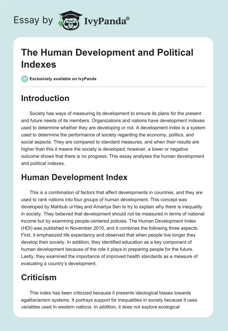 The Human Development and Political Indexes. Page 1