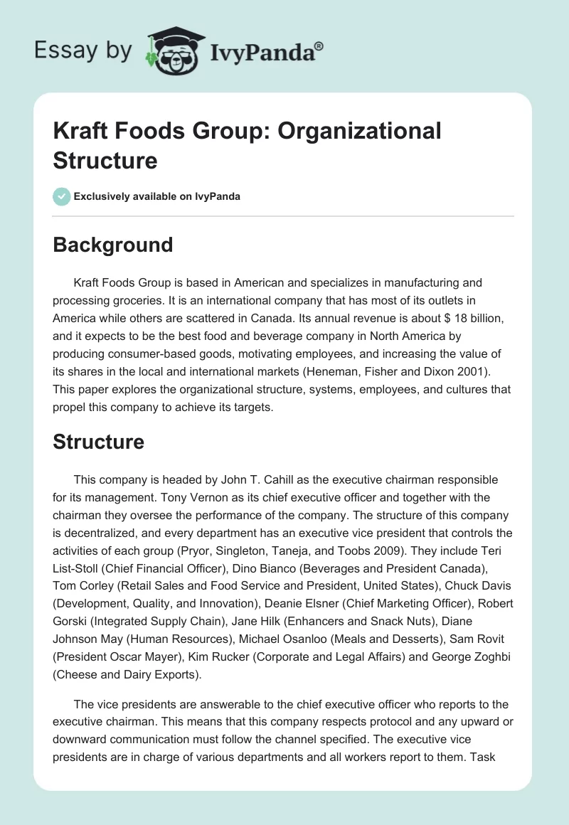 Kraft Foods Group: Organizational Structure. Page 1