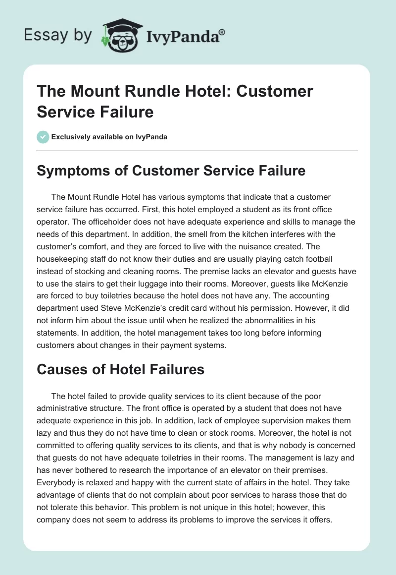 The Mount Rundle Hotel: Customer Service Failure. Page 1