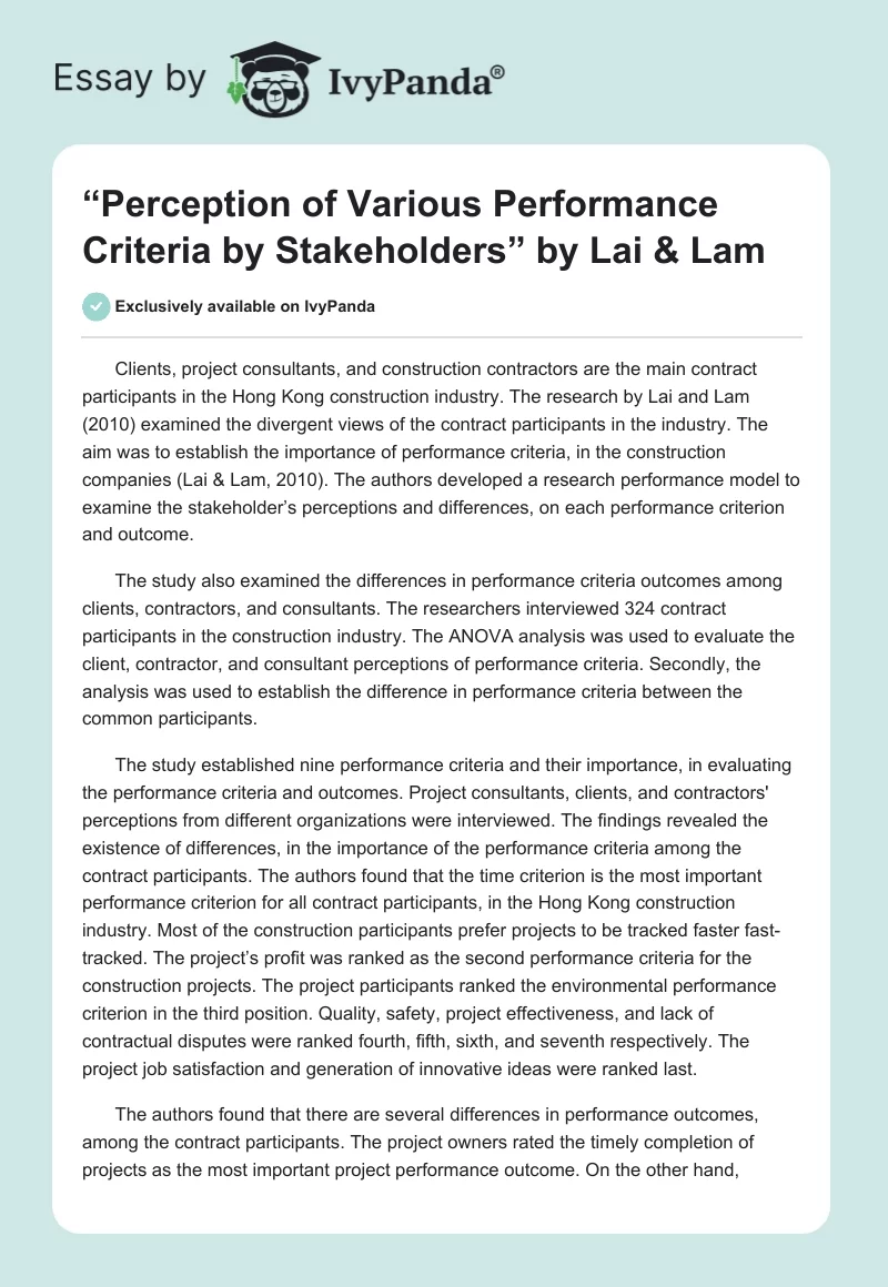 “Perception of Various Performance Criteria by Stakeholders” by Lai & Lam. Page 1