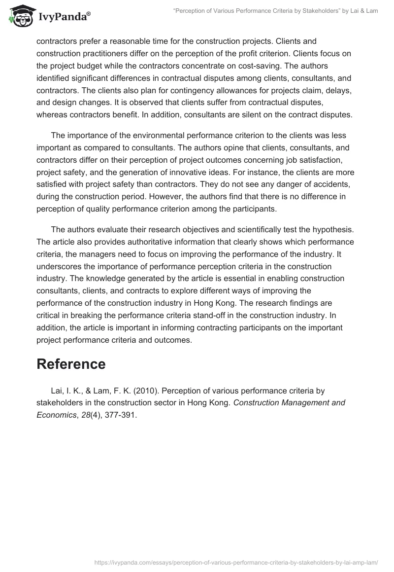 “Perception of Various Performance Criteria by Stakeholders” by Lai & Lam. Page 2