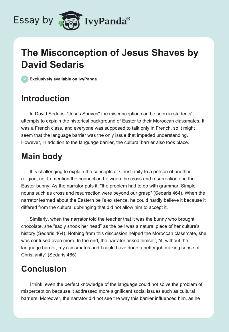 "The Misconception of "Jesus Shaves" by David Sedaris". Page 1