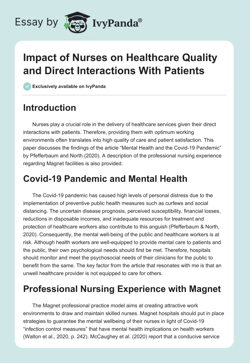 Impact of Nurses on Healthcare Quality and Direct Interactions With Patients. Page 1