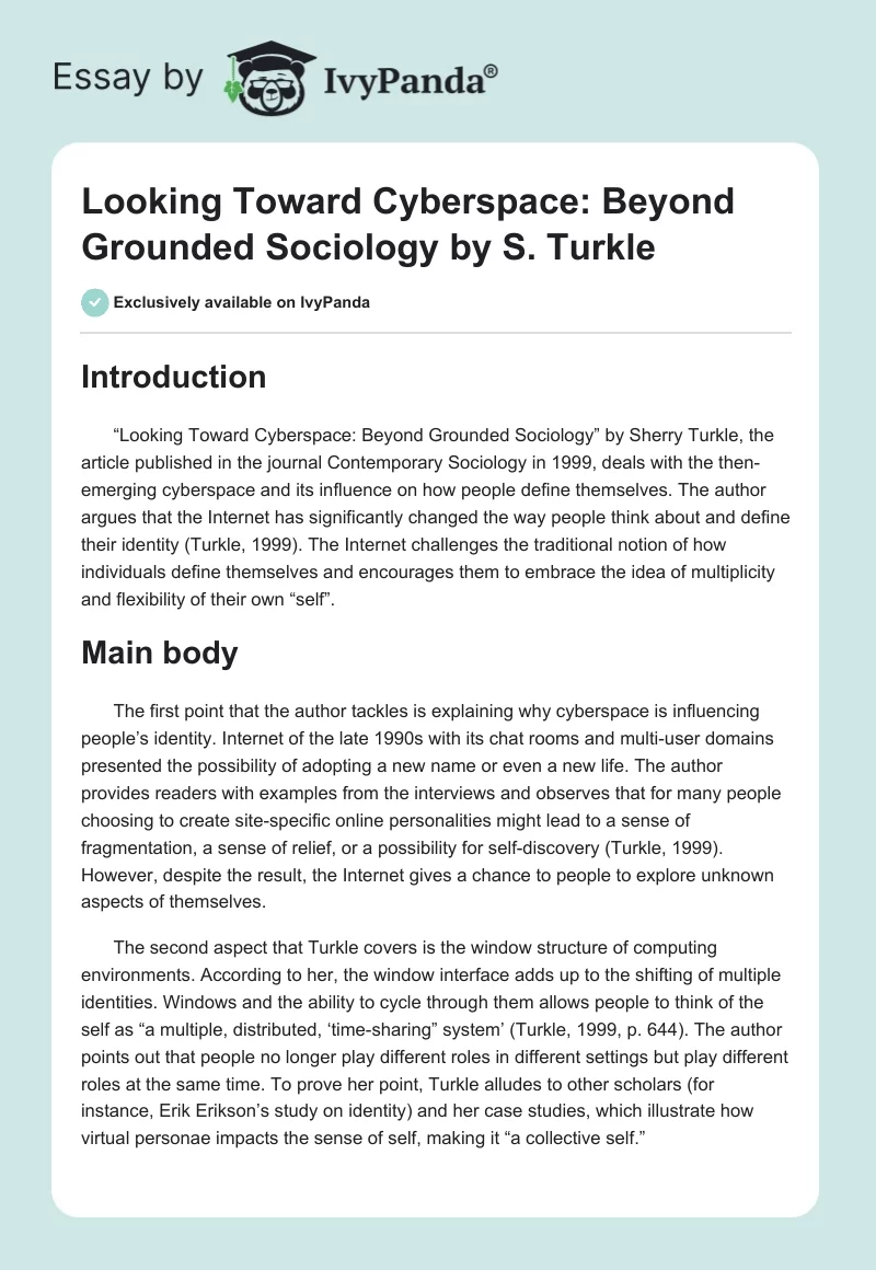 "Looking Toward Cyberspace: Beyond Grounded Sociology" by S. Turkle. Page 1