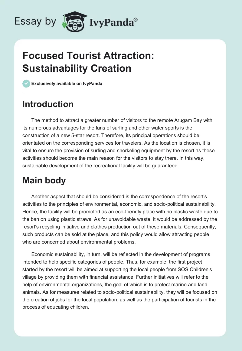 Focused Tourist Attraction: Sustainability Creation. Page 1