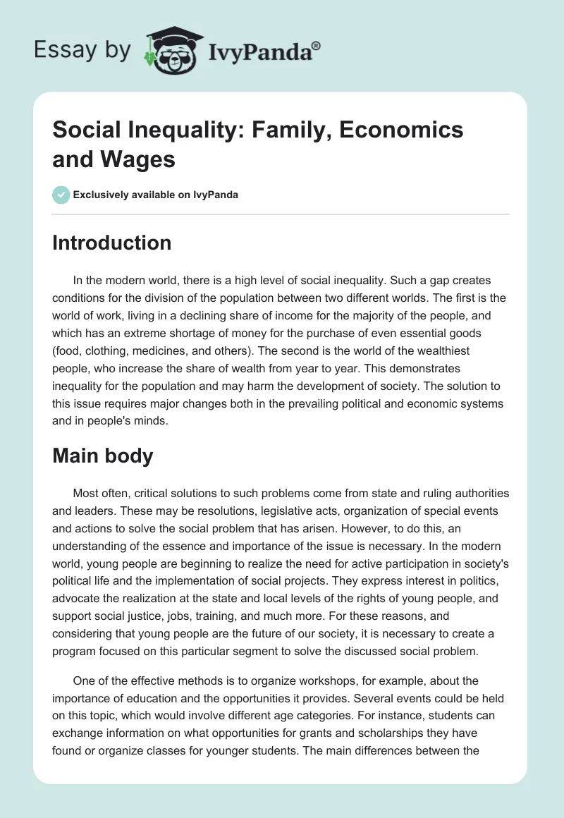 Social Inequality: Family, Economics and Wages. Page 1