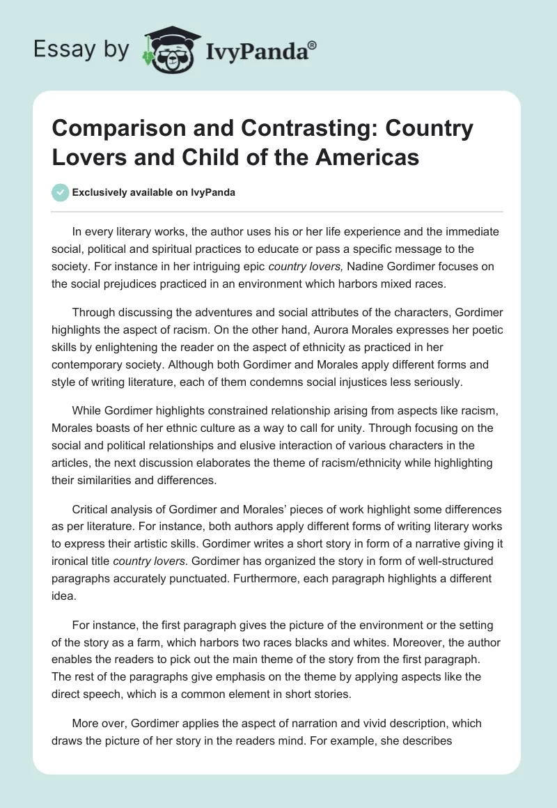 Comparison and Contrasting: Country Lovers and Child of the Americas. Page 1