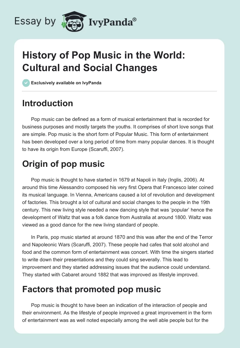 History of Pop Music in the World: Cultural and Social Changes. Page 1