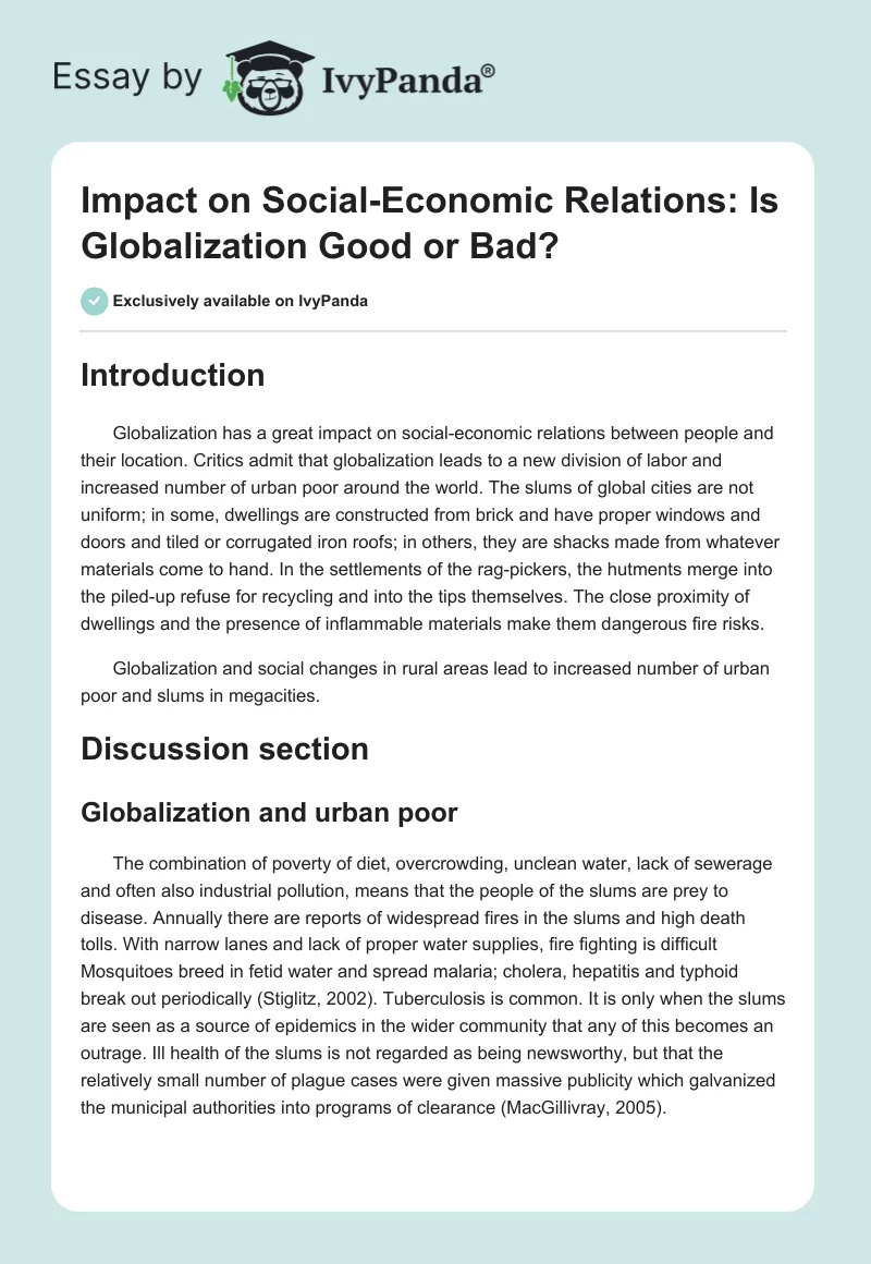 Impact on Social-Economic Relations: Is Globalization Good or Bad?. Page 1