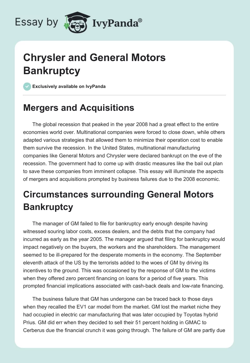 Chrysler and General Motors Bankruptcy. Page 1