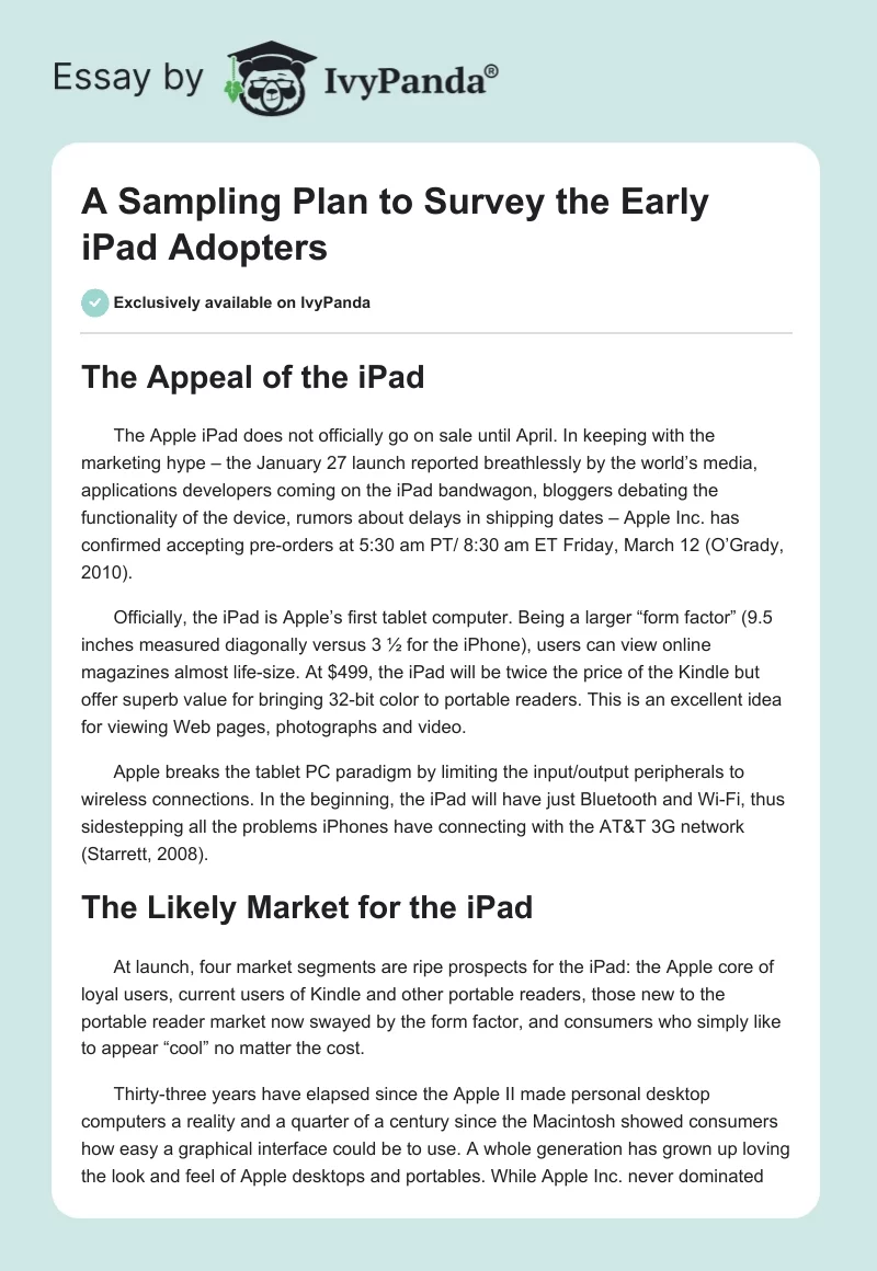 A Sampling Plan to Survey the Early iPad Adopters. Page 1