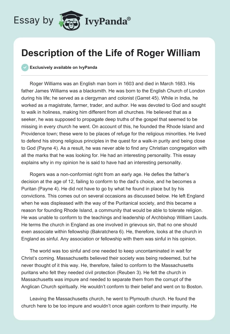 Description of the Life of Roger William. Page 1