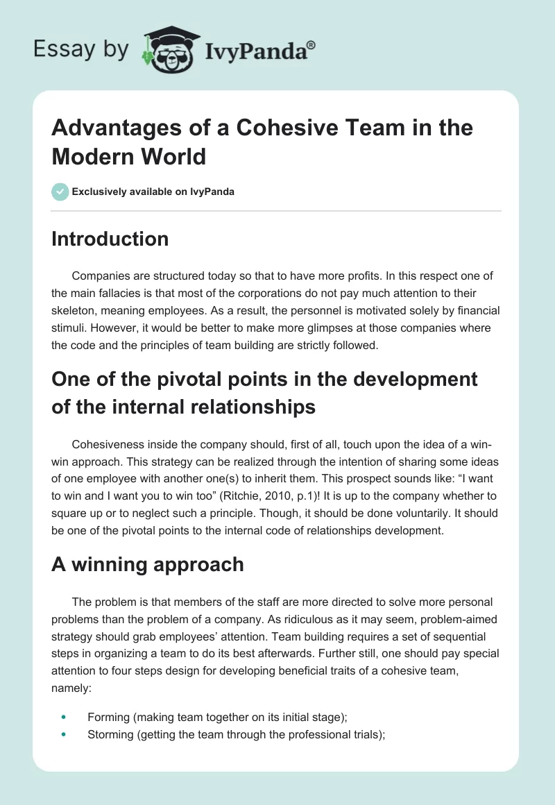Advantages of a Cohesive Team in the Modern World. Page 1