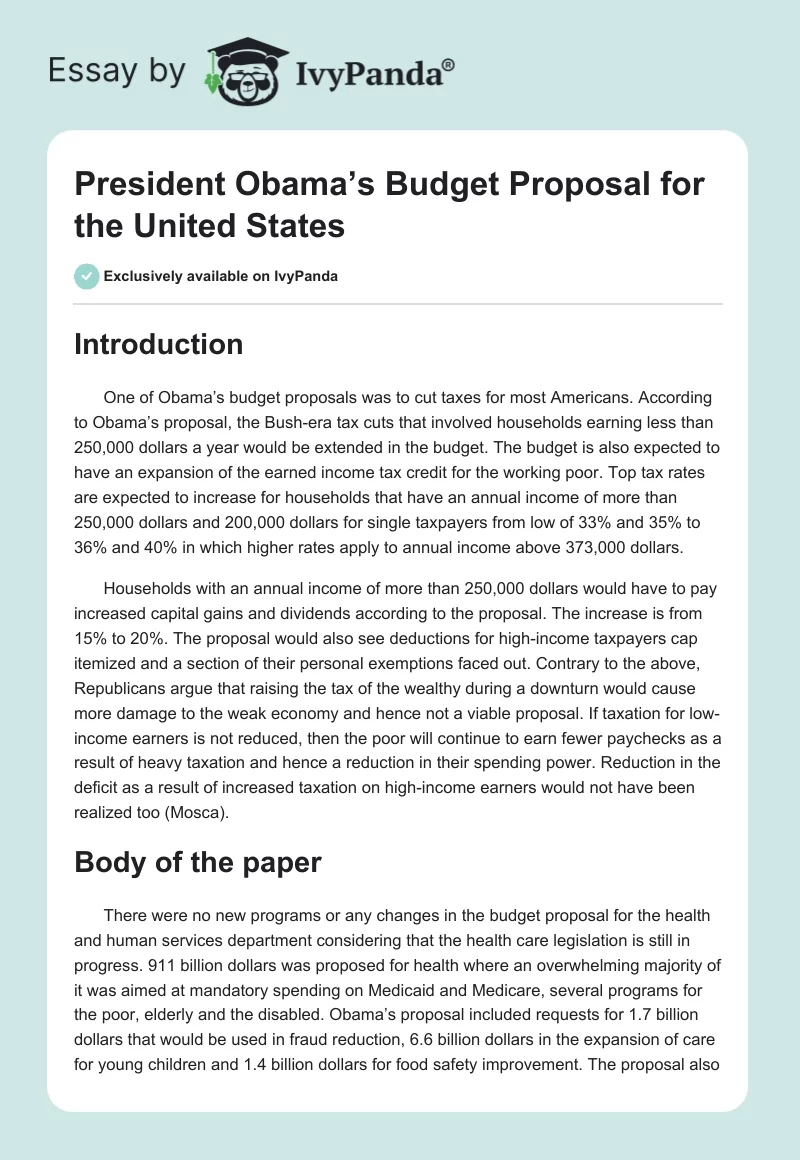 President Obama’s Budget Proposal for the United States. Page 1