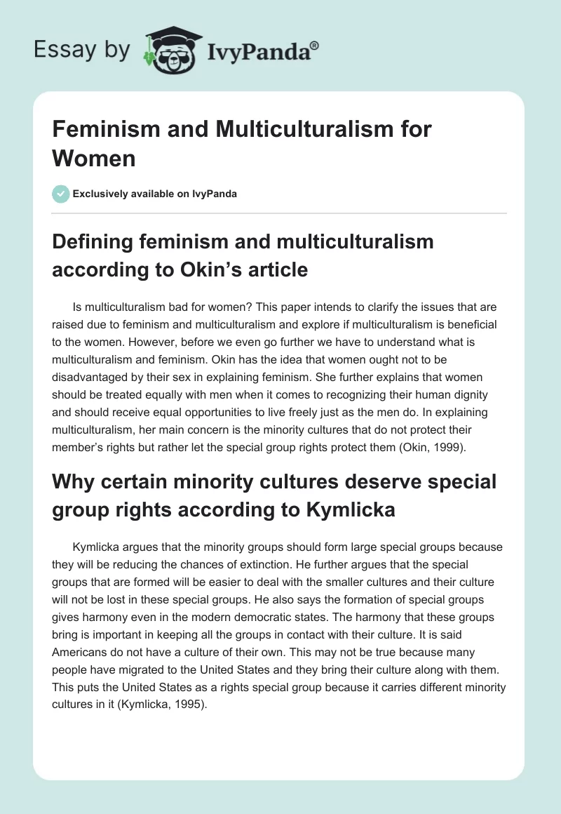 Feminism and Multiculturalism for Women. Page 1