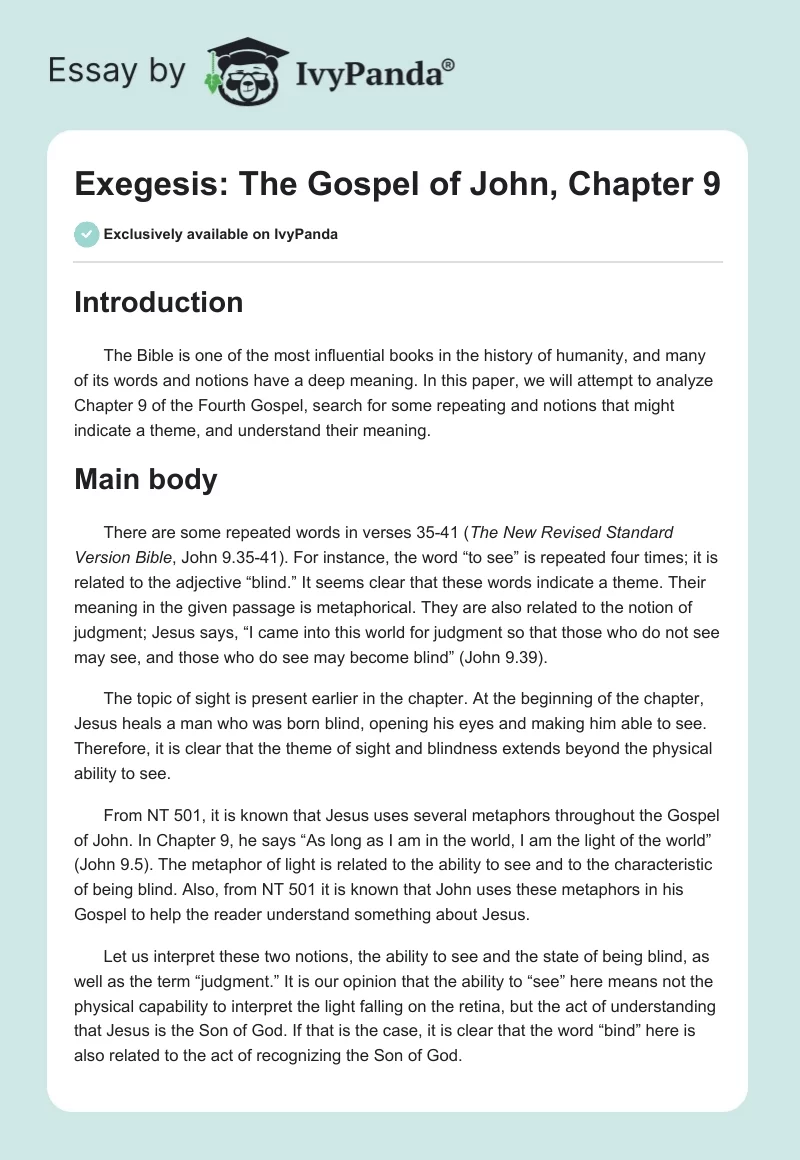 Exegesis: The Gospel of John, Chapter 9. Page 1