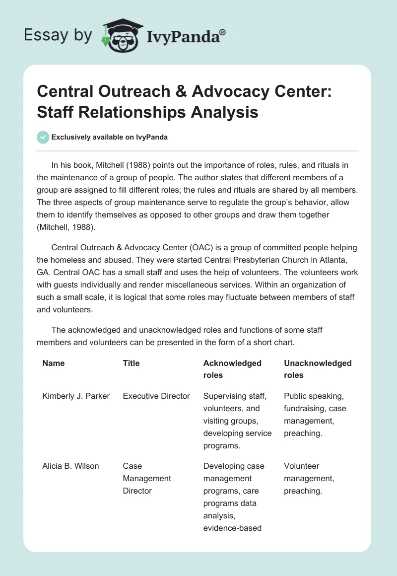 Central Outreach & Advocacy Center: Staff Relationships Analysis. Page 1