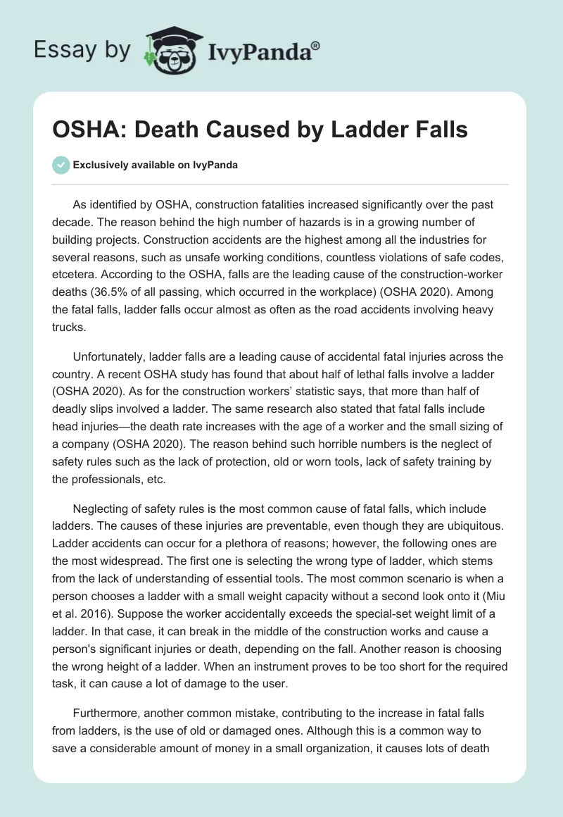 OSHA: Death Caused by Ladder Falls. Page 1