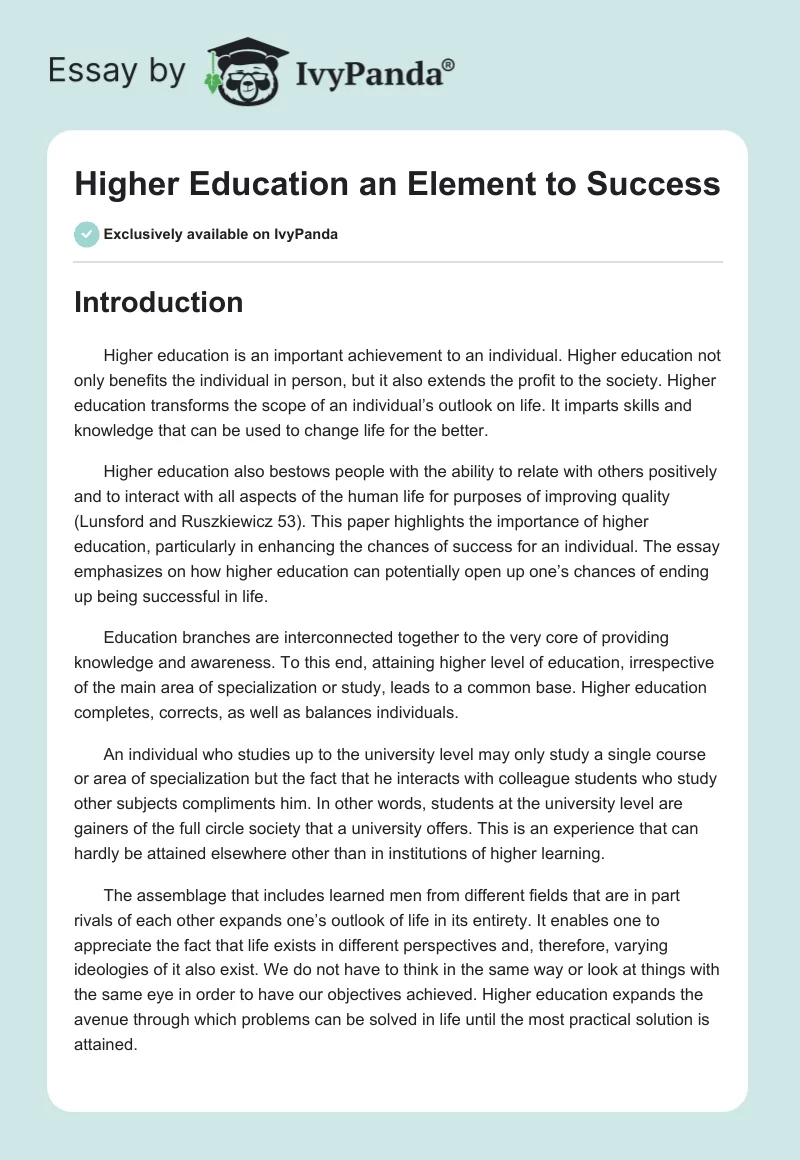 Higher Education an Element to Success. Page 1