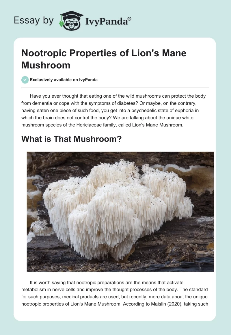 Nootropic Properties of Lion's Mane Mushroom. Page 1