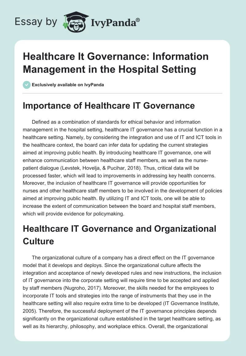Healthcare It Governance: Information Management in the Hospital Setting. Page 1
