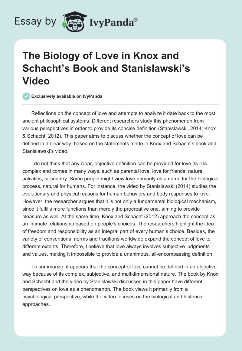 The Biology of Love in Knox and Schacht’s Book and Stanislawski’s Video. Page 1