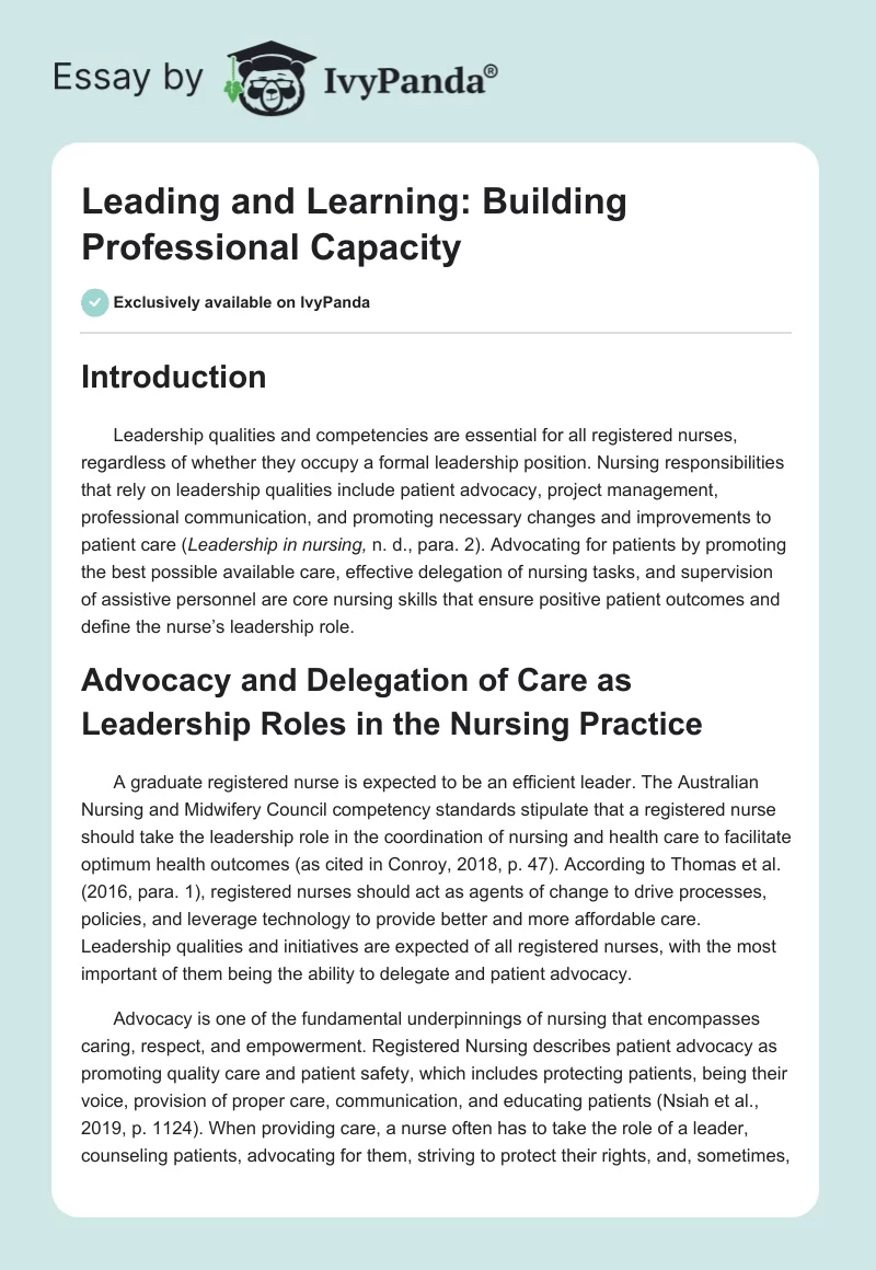 Leading and Learning: Building Professional Capacity. Page 1