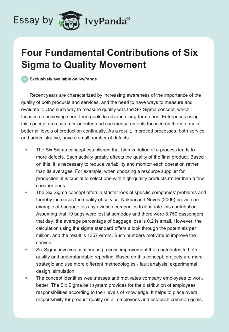 Four Fundamental Contributions of Six Sigma to Quality Movement. Page 1