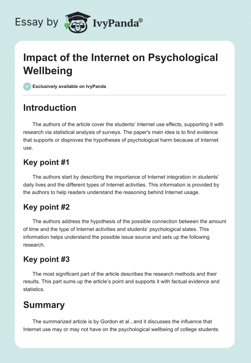 Impact of the Internet on Psychological Wellbeing. Page 1