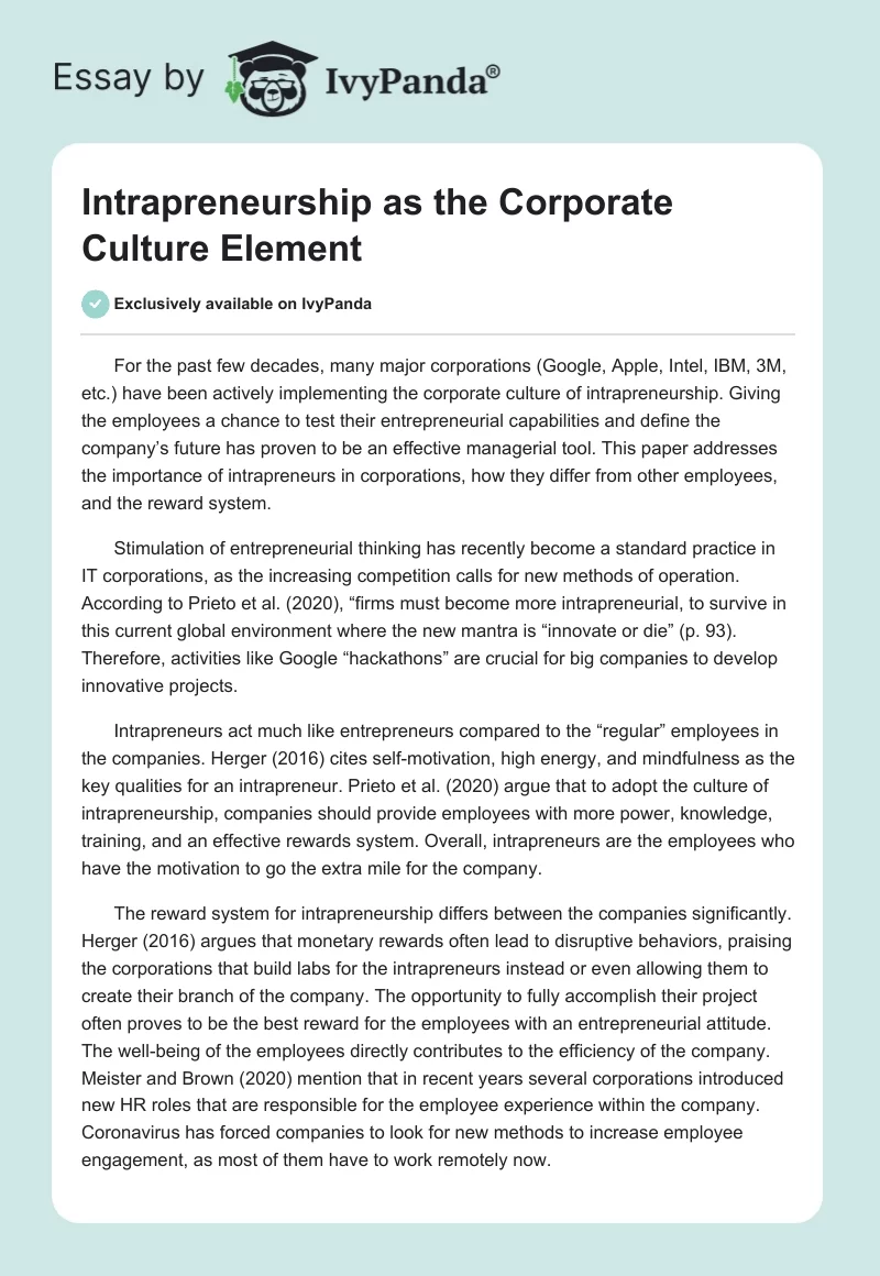 Intrapreneurship as the Corporate Culture Element. Page 1