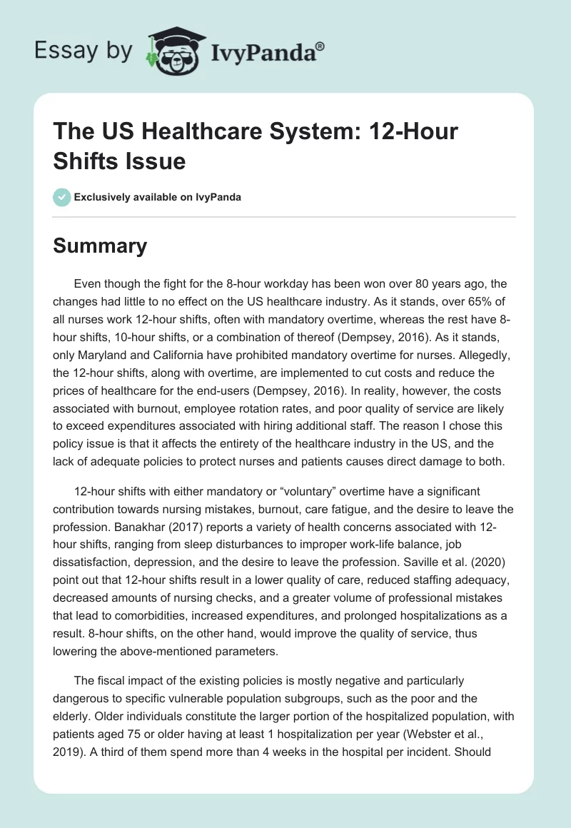 The US Healthcare System: 12-Hour Shifts Issue. Page 1
