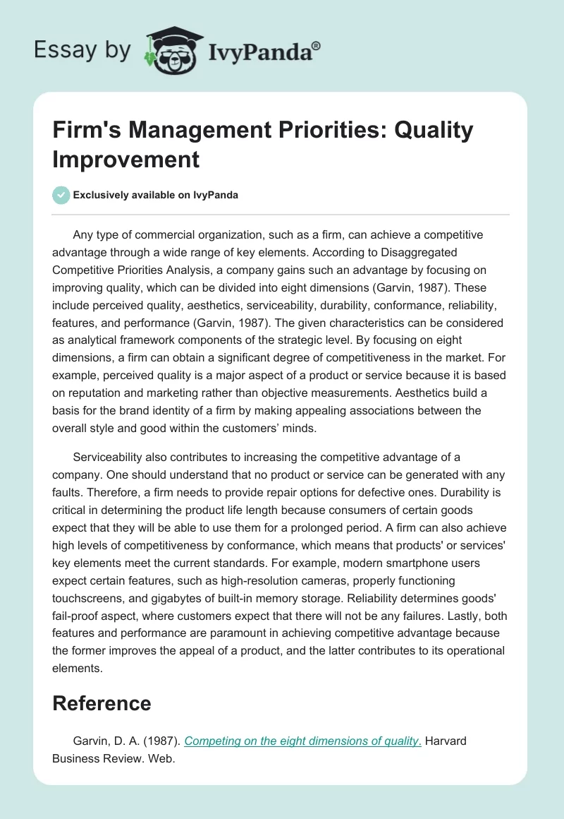 Firm's Management Priorities: Quality Improvement. Page 1