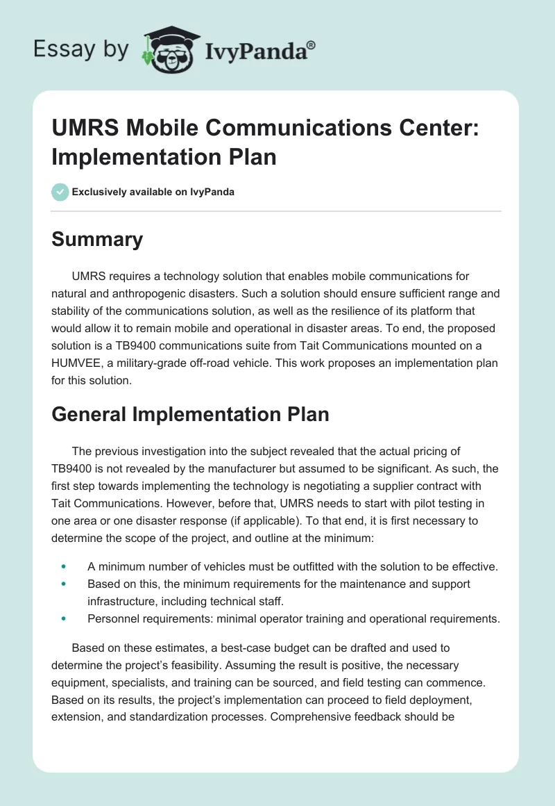 UMRS Mobile Communications Center: Implementation Plan. Page 1