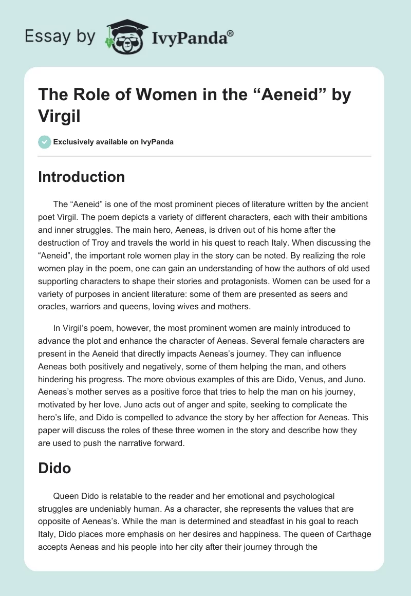 The Role of Women in the “Aeneid” by Virgil. Page 1